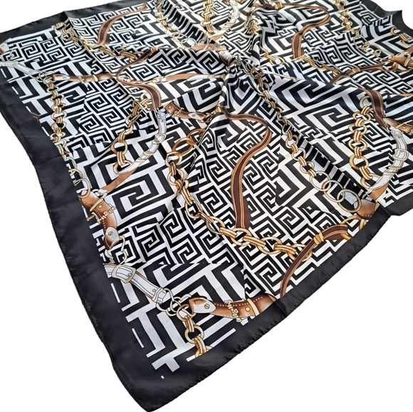 Satin square scarf Equestrian bridle Horse black white retro hair neck 💖2/$30 - Picture 10 of 14
